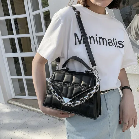 Women Quilted PU Leather Crossbody Bag With Silver Metal Chain Square Embossed Shoulder Bag Triangle Buckle Fashion Handbag