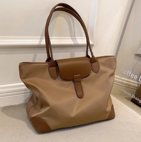 Women Large Capacity Oxford Cloth Tote Bag With PU Leather Trim Minimalist Urban Commuting Shoulder Handbag Casual Daily Bag