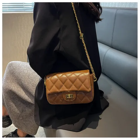 Damen Mode Gesteppte Rauten Umhängetasche PU Leder Crossbody Tasche Goldener Drehverschluss Pendler Kleine Quadratische Tasche