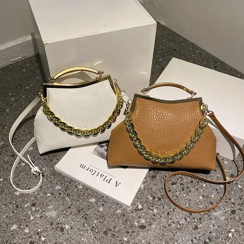 Vintage Dames PU Leer Steenpatroon Crossbodytas Met Gouden Kettingdecoratie Metalen Frame Sluiting Handtas Schoudertas