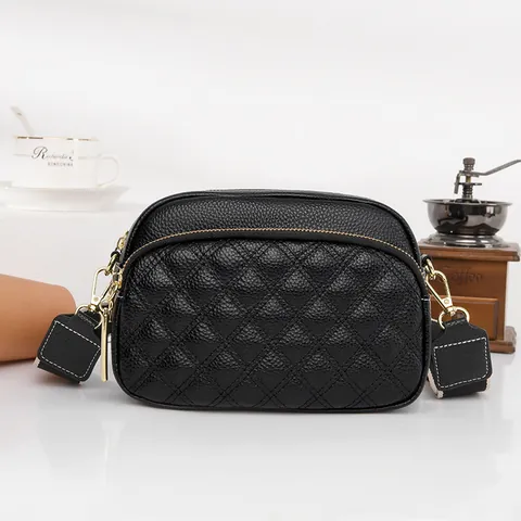 Women's Quilted Pebble Grain Cowhide Leather Crossbody Bag Gold Zipper Small Square Camera Bag With Wide Strap