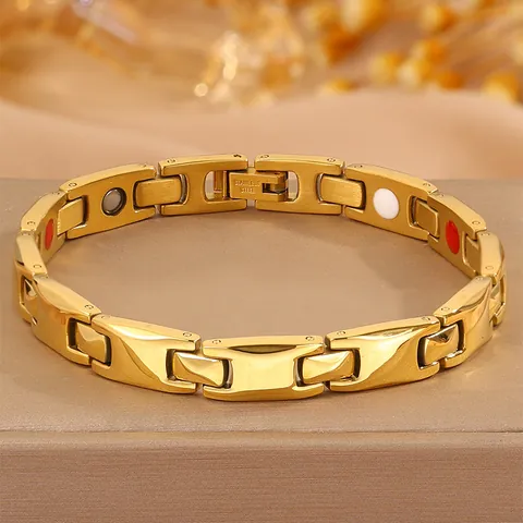 Women Stainless Steel Magnetic Therapy Bracelet Gold Plated Negative Ion Health Care Jewelry High Polished Link Gift