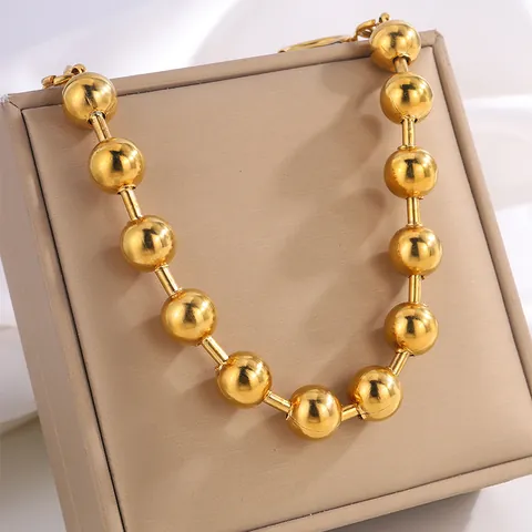 Luxury 18K Gold Plated Stainless Steel Large Round Ball Bead Bracelet For Women Minimalist Adjustable Chain Jewelry Gift