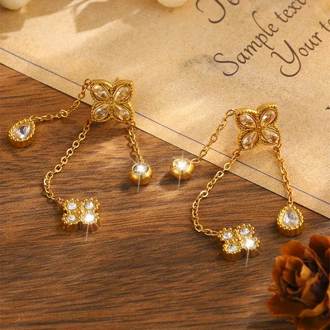 Luxury Stainless Steel Four-Leaf Clover Tassel Drop Earrings Gold Plated Zirconia Inlaid Elegant Fashion Jewelry For Women