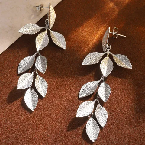 Vintage Nature Style Silver Leaf Tassel Drop Earrings For Women Textured Titanium Steel Long Botanical Earrings Jewelry Gift