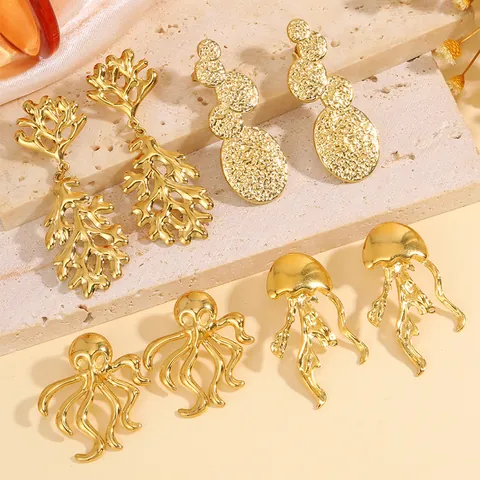 Boucles d'Oreilles en Acier Inoxydable Style Marin Vie Marine Corail Méduse Poulpe Martelé Or Argent Mode Bijoux Femme