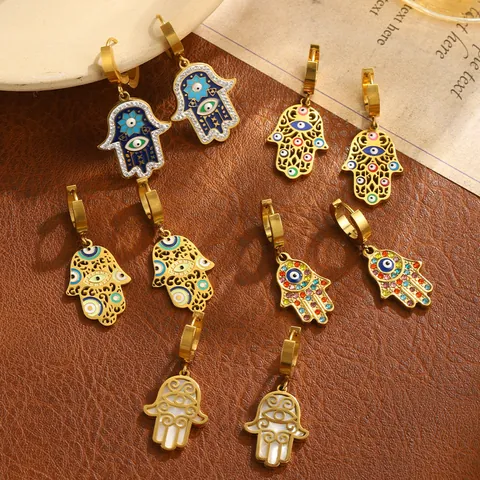 Boucles d'Oreilles Pendantes Vintage en Acier Inoxydable Or Main de Fatma Mauvais Œil pour Femme Ajouré Émail Strass Bijoux Bohèmes Cadeau