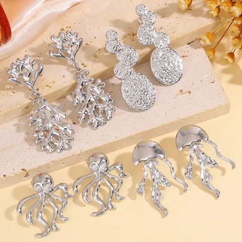 Boucles d'Oreilles en Acier Inoxydable Style Marin Vie Marine Corail Méduse Poulpe Martelé Or Argent Mode Bijoux Femme