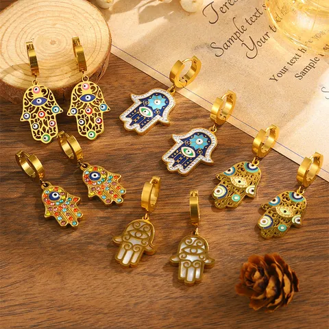 Boucles d'Oreilles Pendantes Vintage en Acier Inoxydable Or Main de Fatma Mauvais Œil pour Femme Ajouré Émail Strass Bijoux Bohèmes Cadeau