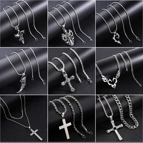 Men Hip Hop Stainless Steel Wolf Tooth Cross Pendant Necklace Vintage Gothic Punk Dragon Head Chain Jewelry Gift For Men
