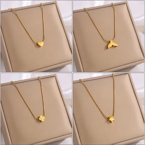 Élégant Collier Pendentif en Acier Inoxydable Plaqué Or Cœur Étoile Queue de Poisson Trèfle Étoile de Mer Avion Femmes Bijoux