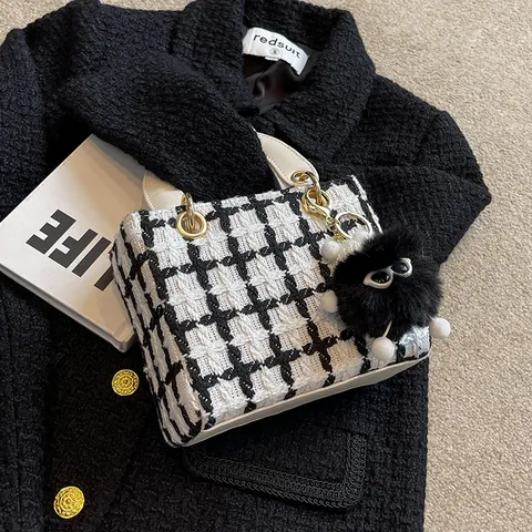 Damen Plaid Tweed Handtasche Mode Karo Umhängetasche Mit Plüsch Anhänger Lady Stil Griff Tasche Elegante Handtasche Damen