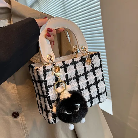 Damen Plaid Tweed Handtasche Mode Karo Umhängetasche Mit Plüsch Anhänger Lady Stil Griff Tasche Elegante Handtasche Damen