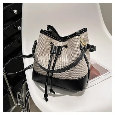 Bolso Bombonera de Moda para Mujer de Lona y Cuero PU Empalme Cordón Color de Contraste Bandolera Bolso de Mano Vintage