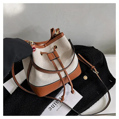 Bolso Bombonera de Moda para Mujer de Lona y Cuero PU Empalme Cordón Color de Contraste Bandolera Bolso de Mano Vintage