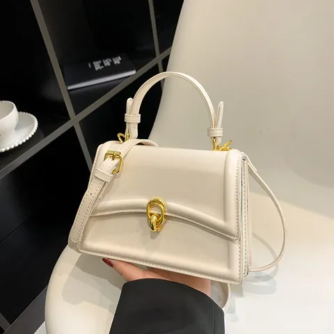 Women PU Leather Small Square Bag Fashion Flap Handbag With Gold Double Ring Lock Adjustable Shoulder Crossbody Bag Daily Use