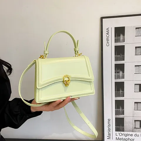 Women PU Leather Small Square Bag Fashion Flap Handbag With Gold Double Ring Lock Adjustable Shoulder Crossbody Bag Daily Use