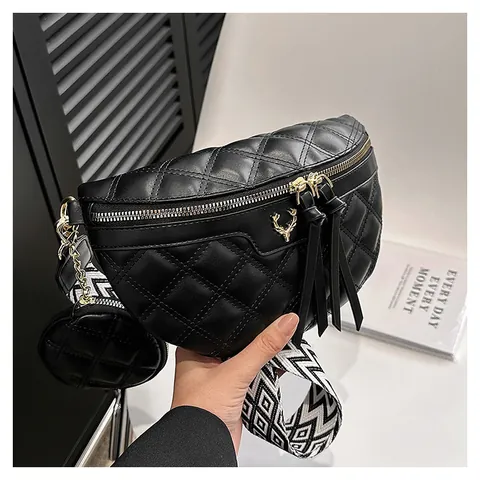 Marsupio in Pelle PU Trapuntata Donna Logo Cervo Oro Nappina Borsa Pettorale Con Portamonete Rotondo Tracolla Geometrica