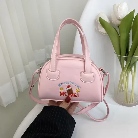 Women Mini Boston Bag PU Leather Christmas Teddy Bear Embroidery Handbag Adjustable Strap Crossbody Shoulder Purse Gift