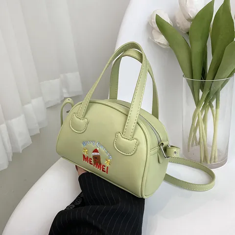 Women Mini Boston Bag PU Leather Christmas Teddy Bear Embroidery Handbag Adjustable Strap Crossbody Shoulder Purse Gift
