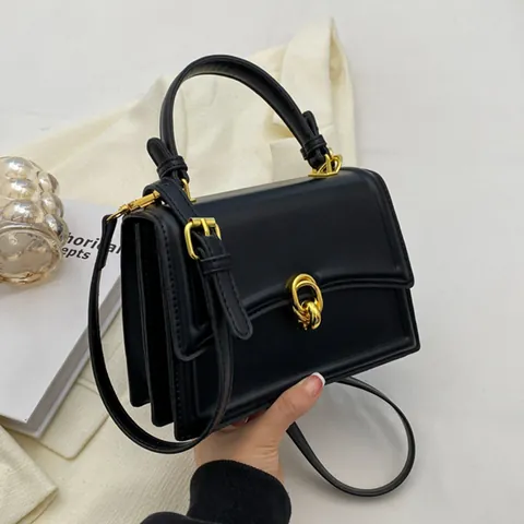 Women Vintage PU Leather Shoulder Bag Underarm Crossbody Handbag Gold Buckle Simple Solid Color Commuter Square Bag