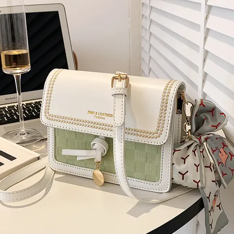 Women Small Crossbody Square Bag PU Leather Color Block Shoulder Bag With Decorative Scarf And Metal Pendant Daily Fashion Handbag