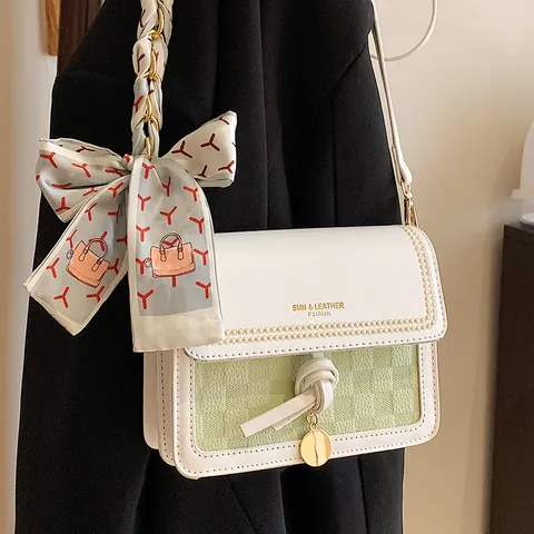 Women Small Crossbody Square Bag PU Leather Color Block Shoulder Bag With Decorative Scarf And Metal Pendant Daily Fashion Handbag