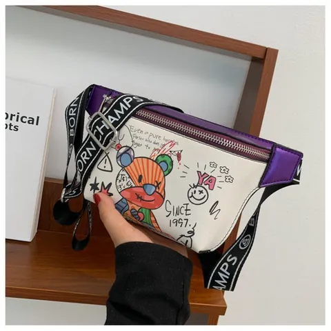 Riñonera de Cuero de PU de Moda para Mujer Con Patrón de Oso Graffiti Correa Ajustable con Letras Streetwear Moda Bolso de Pecho Cruzado
