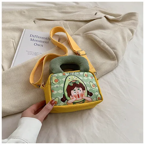 Cute Cartoon Canvas Crossbody Bag For Women Kids Mini Handbag With Corduroy Handle Adjustable Strap Zipper Shoulder Bag