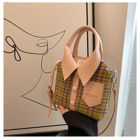 Creative Shirt Shape Design Handbag Women Plaid Denim Patchwork Crossbody Bag With Removable Strap Fashion Tote Bag