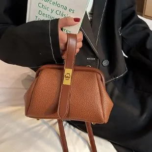 Women's Retro Litchi Pattern PU Leather Handbag Gold Metal Twist Lock Doctor Bag Small Square Crossbody Shoulder Bag