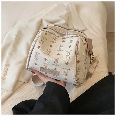 Women PU Leather Crossbody Bag With Cartoon Bear Rhombus Print Wide Letter Strap Cute Fashion Large Capacity Handbag