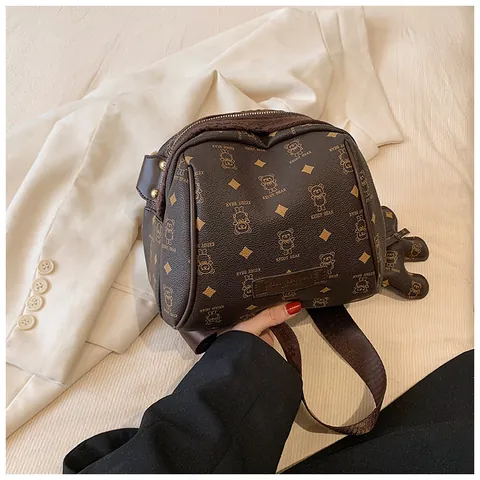 Women PU Leather Crossbody Bag With Cartoon Bear Rhombus Print Wide Letter Strap Cute Fashion Large Capacity Handbag