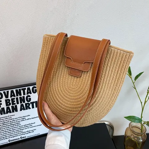 Damen Casual Stroh Gewebte Tote Tasche Mode Große Kapazität Sommer Strand Urlaub Schultertasche Mit Kunstlederriemen