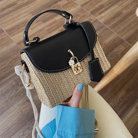 Dames Casual Strooientas Crossbody Bloemsluiting Touwriem Zomer Strand Geweven Handtas Kleine Vierkante PU Leren Tas