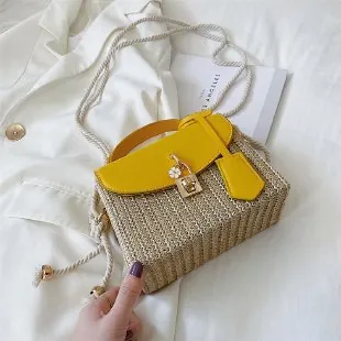 Dames Casual Strooientas Crossbody Bloemsluiting Touwriem Zomer Strand Geweven Handtas Kleine Vierkante PU Leren Tas
