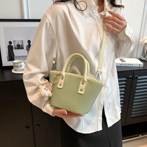 Women Fashion PU Leather Woven Bucket Bag With Cute Plush Doll Pendant Casual Handheld Crossbody Tote Bag Daily Shopping Shoulder Bag