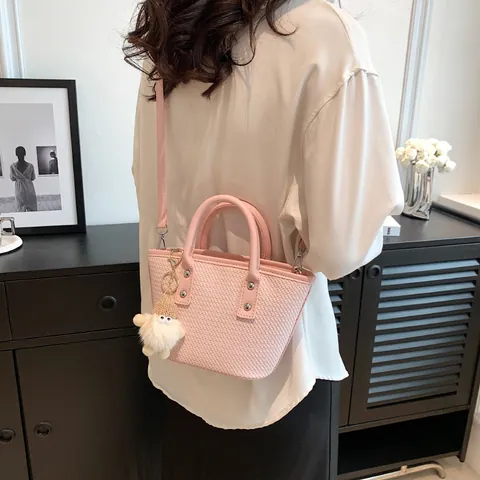 Women Fashion PU Leather Woven Bucket Bag With Cute Plush Doll Pendant Casual Handheld Crossbody Tote Bag Daily Shopping Shoulder Bag