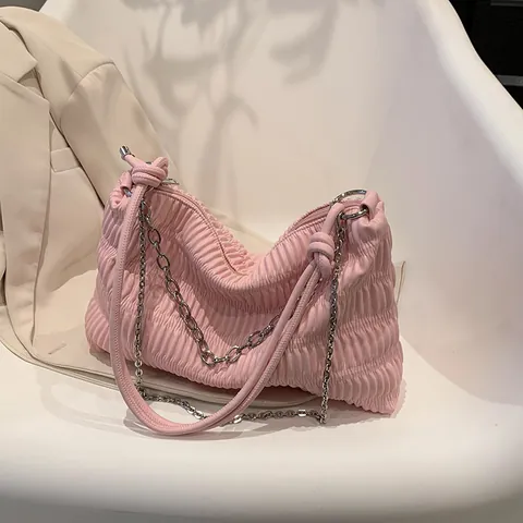 Bolso Tote para Mujer Fruncido en Cuero PU Gran Capacidad Bolso de Hombro Con Cadena Plateada Bolso de Axila Plisado