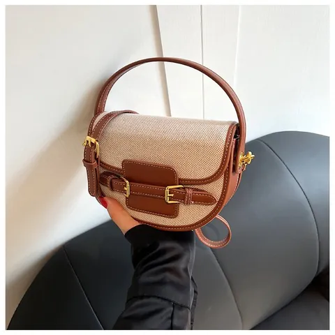 Vintage Women Canvas PU Leather Patchwork Saddle Bag Contrast Color Crossbody Shoulder Bag With Metal Buckle Handbag