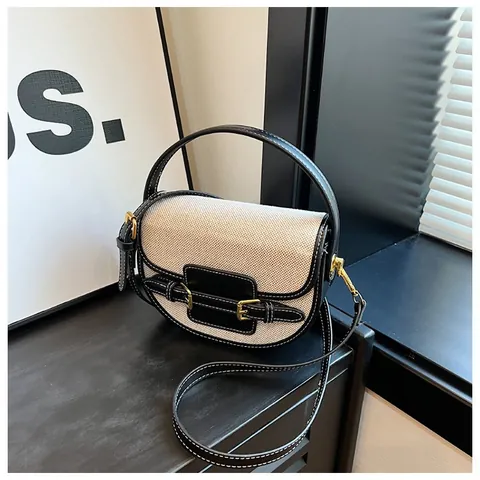 Vintage Women Canvas PU Leather Patchwork Saddle Bag Contrast Color Crossbody Shoulder Bag With Metal Buckle Handbag