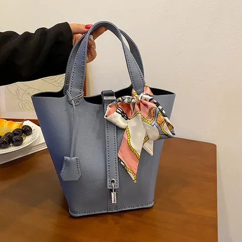DIY Eimertasche Material Kit PU Leder Litchi Maserung Handtasche Mit Seidentuch Metallschloss Damen Retro Handtasche