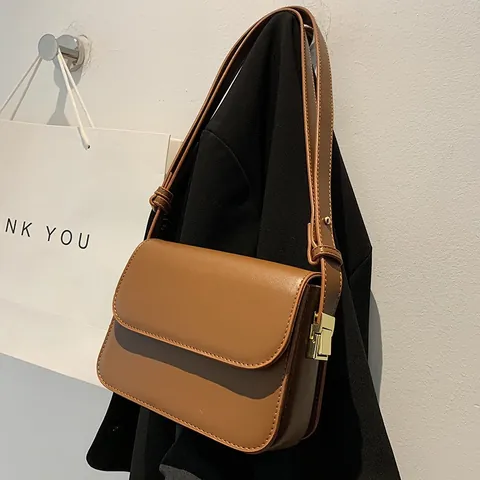 Bolso de Axila Minimalista de Cuero PU para Mujer Vintage Color Sólido Bandolera Pequeño Bolso Cuadrado Con Cierre de Metal Dorado Bolso de Hombro Diario Simple