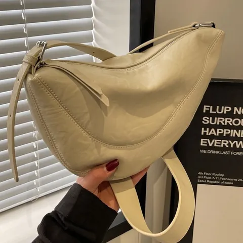 Women Fashion PU Leather Crescent Crossbody Bag Large Capacity Summer Solid Color Dumpling Shoulder Bag With Zipper Closure