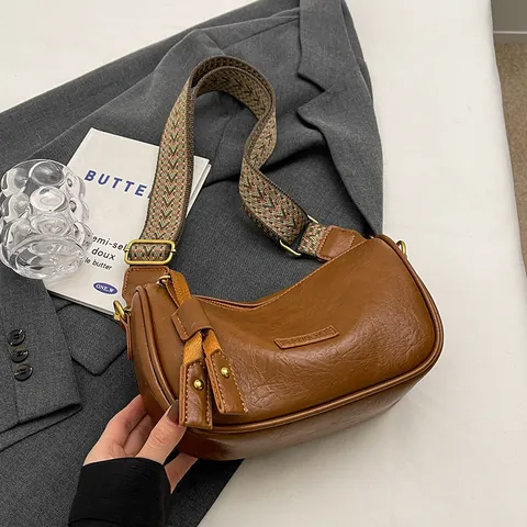 Vintage Women PU Leather Shoulder Bag With Wide Woven Geometric Strap Horizontal Square Zipper Underarm Crossbody Bag