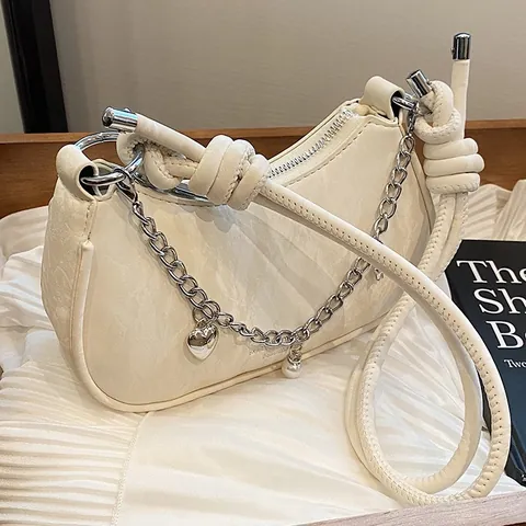 Women Fashion Wrinkled PU Leather Underarm Bag With Silver Chain Heart Star Artificial Pearl Charms Knot Strap Half Moon Hobo Bag