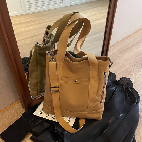 Women Large Capacity Canvas Tote Bag Casual Versatile Shoulder Bag With Multi Pockets For School Work Commuting Shopping