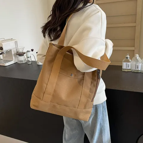 Women Large Capacity Canvas Tote Bag Casual Versatile Shoulder Bag With Multi Pockets For School Work Commuting Shopping