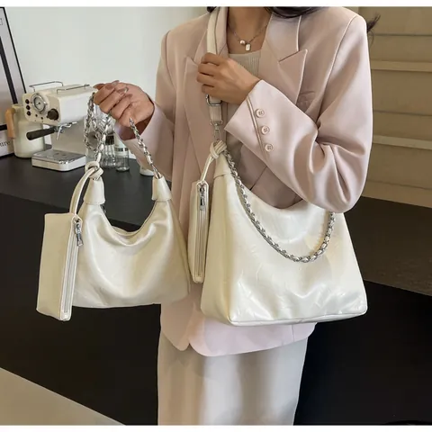 Women Minimalist PU Leather Hobo Bag With Chain Strap Large Capacity Shoulder Bag And Small Pouch Fashion Tote Bag
