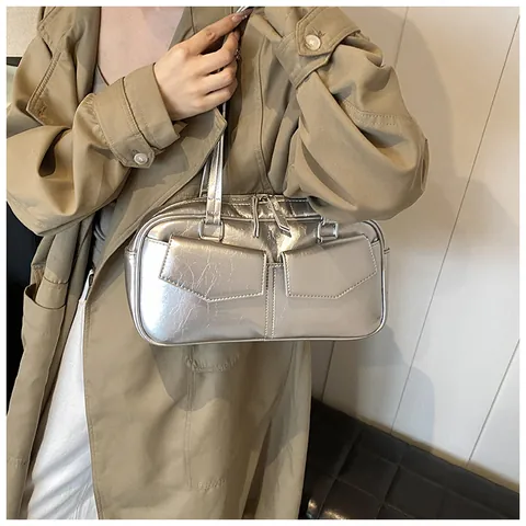 Bolso de Axila de Cuero PU Brillante para Mujer Retro Multi Bolsillo Bolso de Hombro Gran Capacidad Conmutar Estudiante Tote